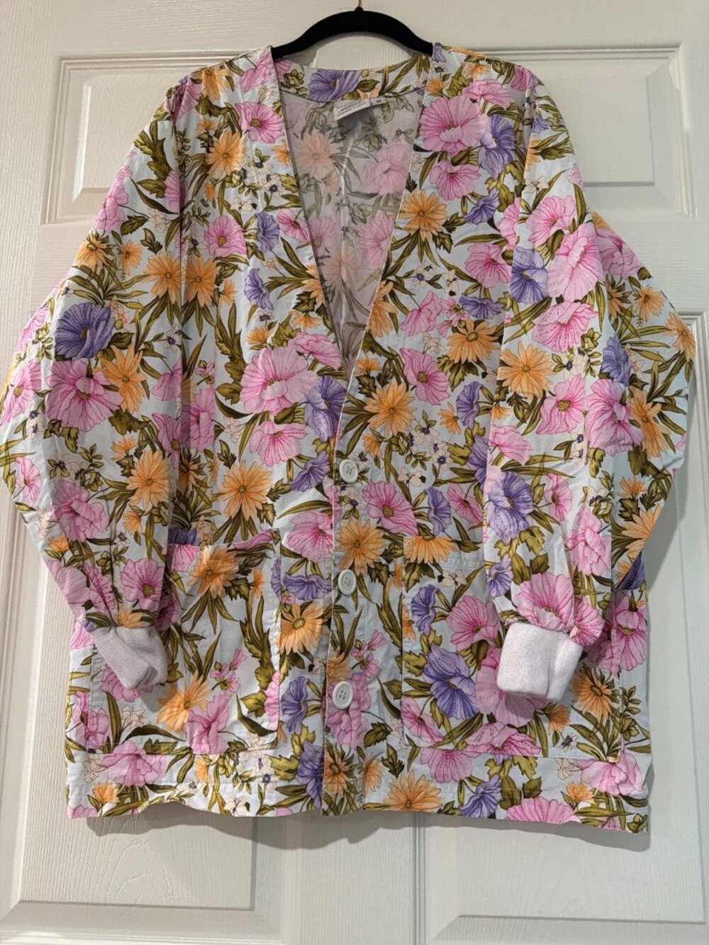 Floral Print S.C.R.U.B.S. Womens Button-Front Scrub Jacket 100% Cotton Size M Lo
